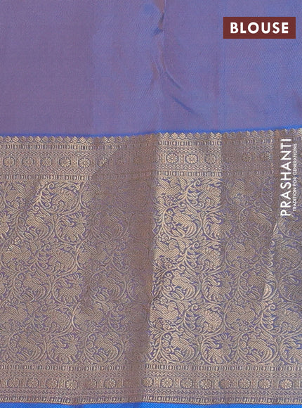 Pure kanchipuram silk saree peach shade and dual shade of blue with allover zari woven buttas and long zari woven korvai border