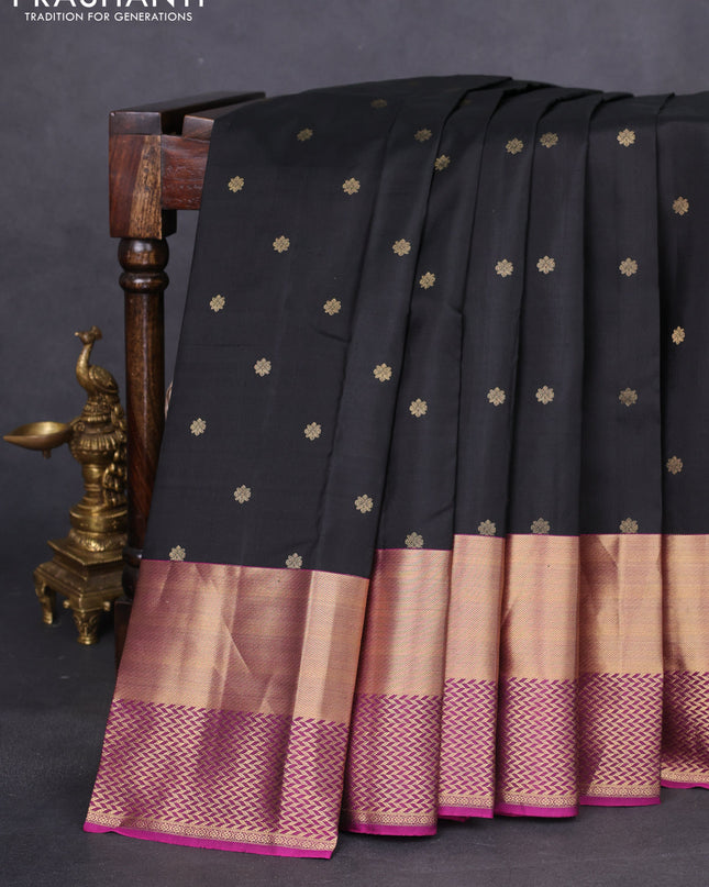 Pure kanchipuram silk saree black and purple with zari woven buttas and long rich zari woven border