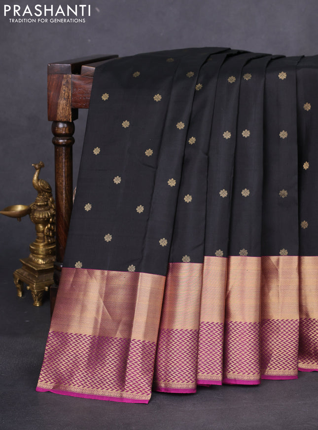 Pure kanchipuram silk saree black and purple with zari woven buttas and long rich zari woven border