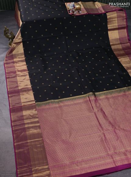 Pure kanchipuram silk saree black and purple with zari woven buttas and long rich zari woven border