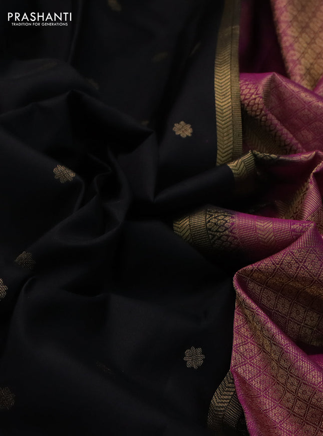 Pure kanchipuram silk saree black and purple with zari woven buttas and long rich zari woven border