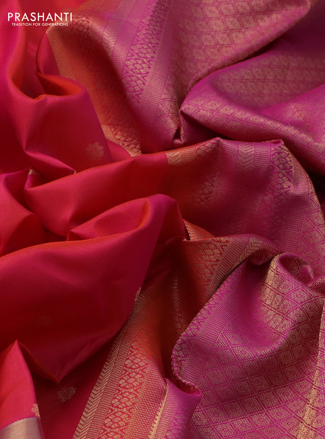 Pure kanchipuram silk saree dual shade of pinkish orange and pink with allover zari woven buttas and long zari woven border