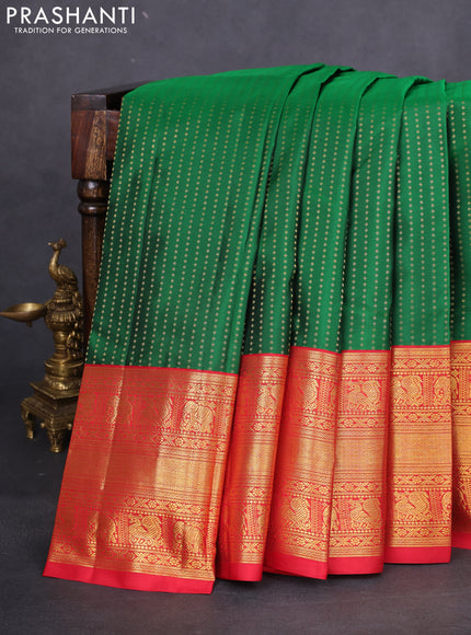 Pure kanchipuram silk saree green and red with allover zari woven 1000 butta weaves and long zari woven korvai border