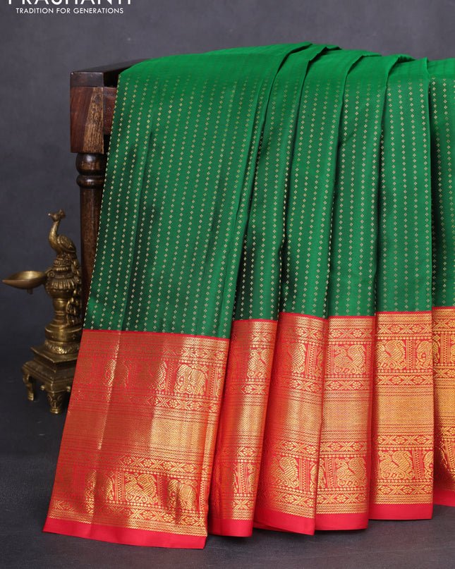 Pure kanchipuram silk saree green and red with allover zari woven 1000 butta weaves and long zari woven korvai border