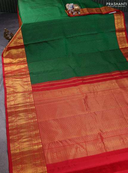 Pure kanchipuram silk saree green and red with allover zari woven 1000 butta weaves and long zari woven korvai border