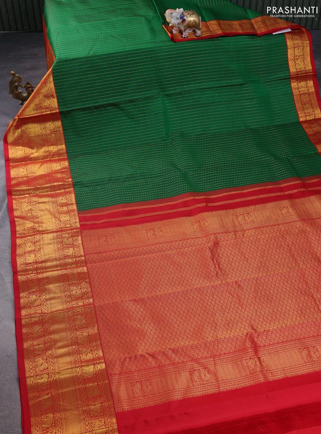 Pure kanchipuram silk saree green and red with allover zari woven 1000 butta weaves and long zari woven korvai border
