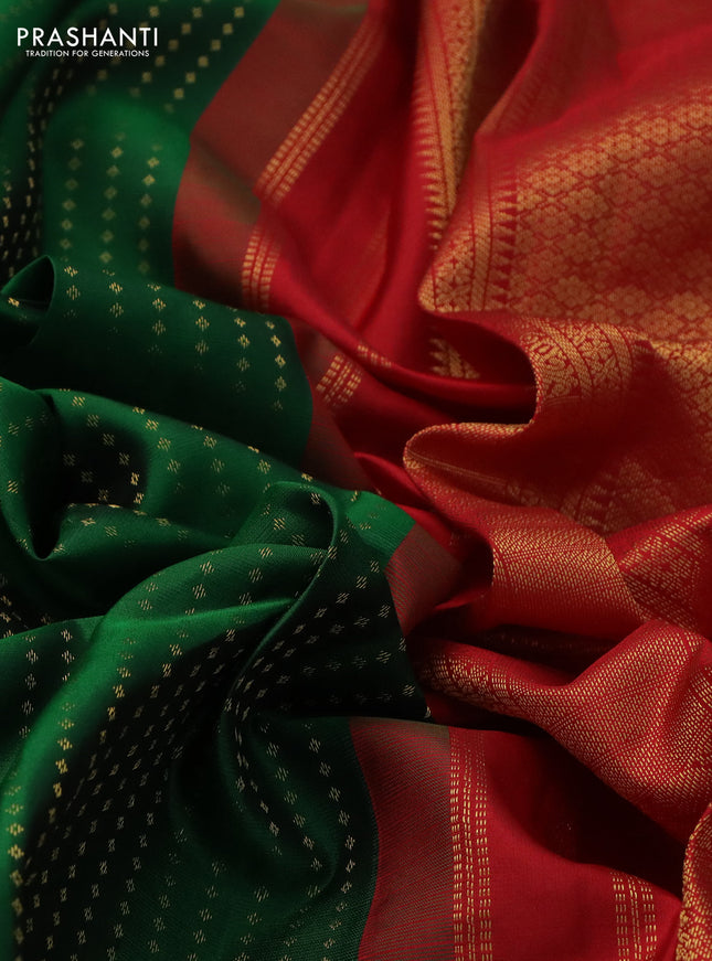 Pure kanchipuram silk saree green and red with allover zari woven 1000 butta weaves and long zari woven korvai border