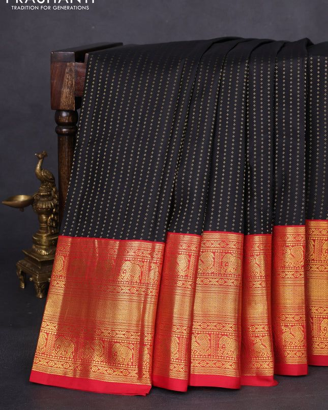 Pure kanchipuram silk saree black and red with allover zari woven 1000 butta weaves and long zari woven korvai border