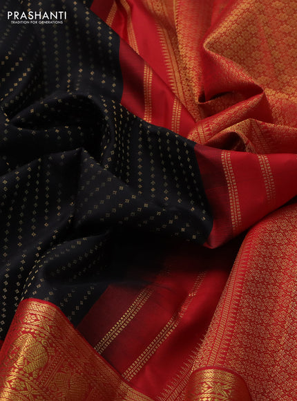 Pure kanchipuram silk saree black and red with allover zari woven 1000 butta weaves and long zari woven korvai border