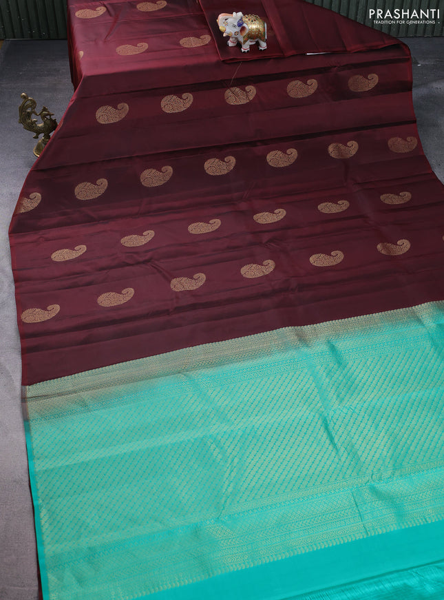 Pure kanchipuram silk saree deep maroon and teal green with zari woven paisley buttas in borderless style