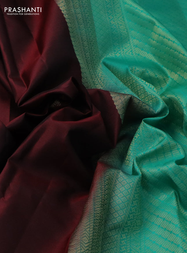 Pure kanchipuram silk saree deep maroon and teal green with zari woven paisley buttas in borderless style