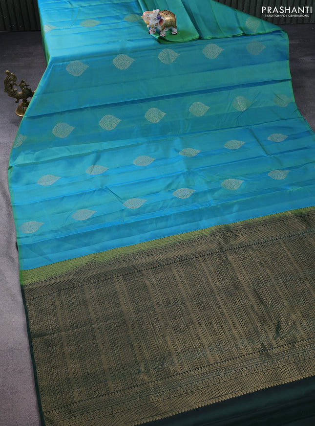 Pure kanchipuram silk saree dual shade of teal blue and bottle green with zari woven buttas in borderless style