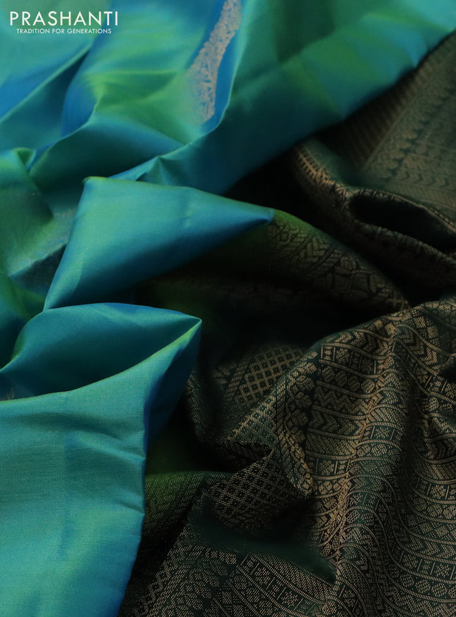Pure kanchipuram silk saree dual shade of teal blue and bottle green with zari woven buttas in borderless style