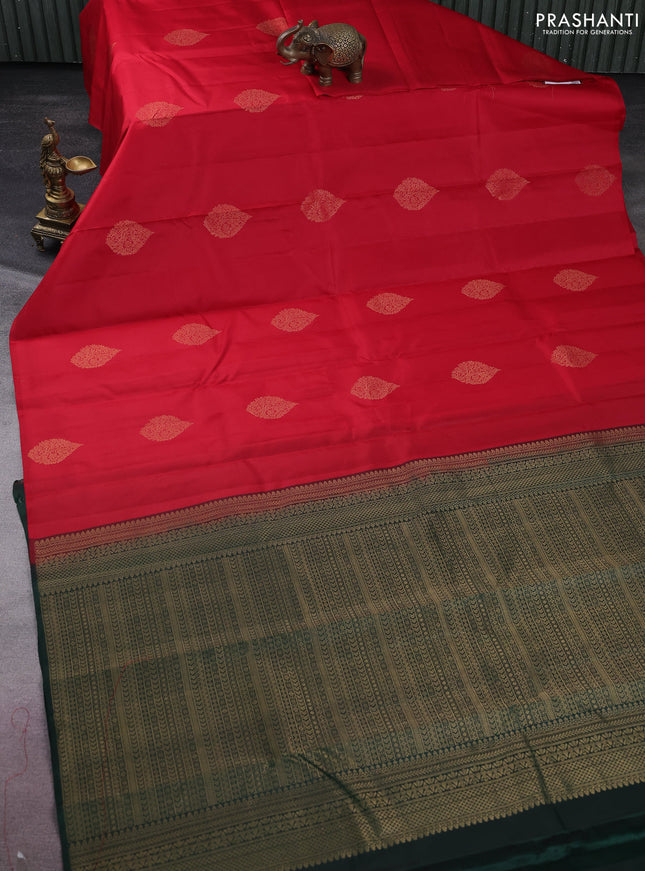 Pure kanchipuram silk saree red and bottle green with zari woven buttas in borderless style