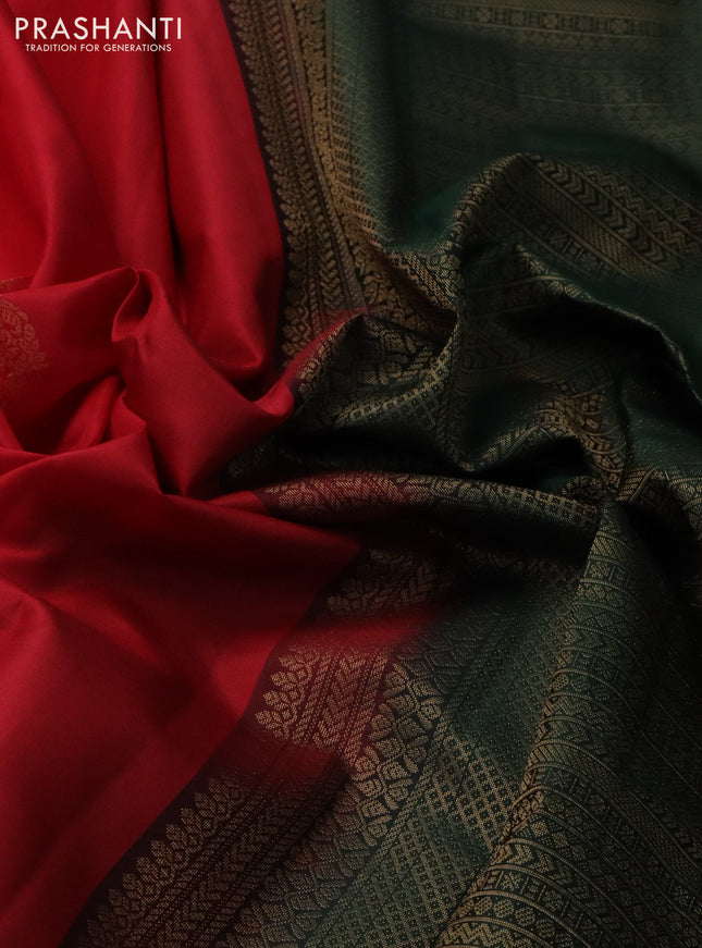 Pure kanchipuram silk saree red and bottle green with zari woven buttas in borderless style