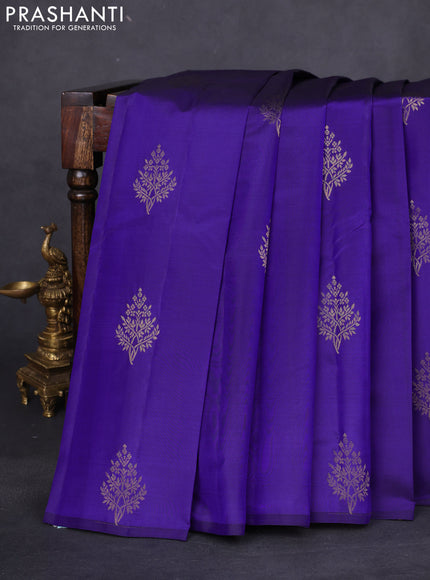 Pure kanchipuram silk saree blue and mustard yellow with zari woven buttas in borderless style