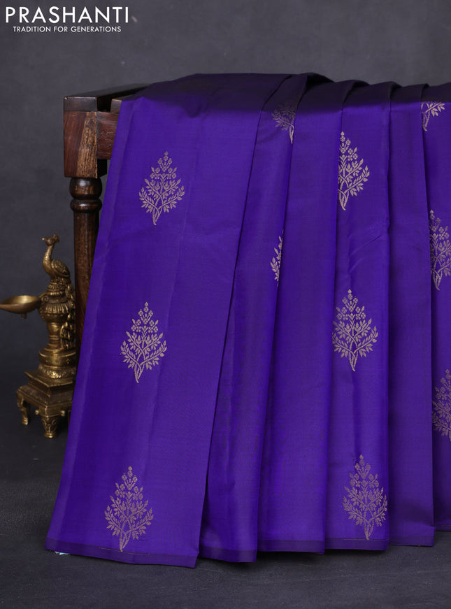 Pure kanchipuram silk saree blue and mustard yellow with zari woven buttas in borderless style