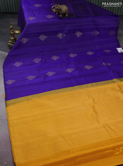 Pure kanchipuram silk saree blue and mustard yellow with zari woven buttas in borderless style