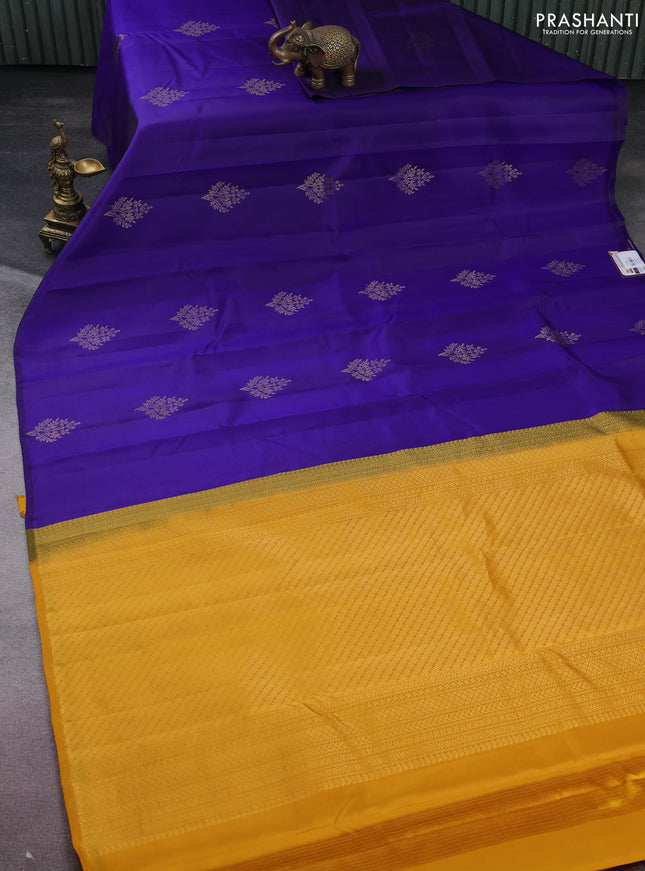 Pure kanchipuram silk saree blue and mustard yellow with zari woven buttas in borderless style