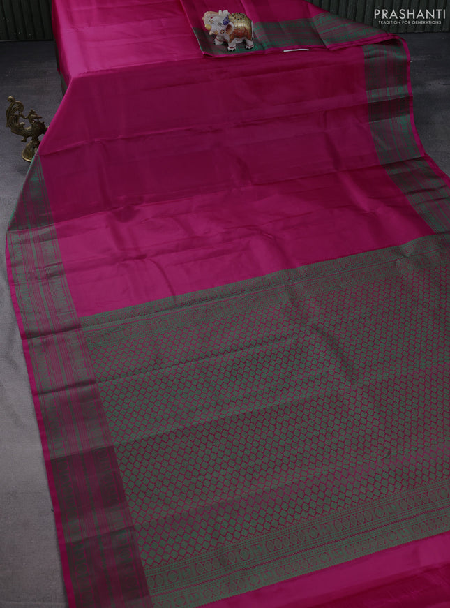 Pure kanchipuram silk saree pink and green with plain body and thread woven border