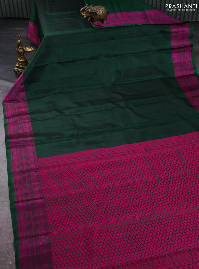 Pure kanchipuram silk saree bottle green and pink with plain body and thread woven border
