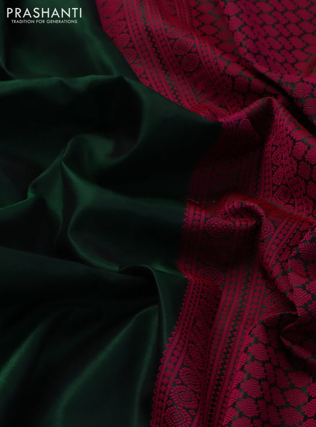 Pure kanchipuram silk saree bottle green and pink with plain body and thread woven border