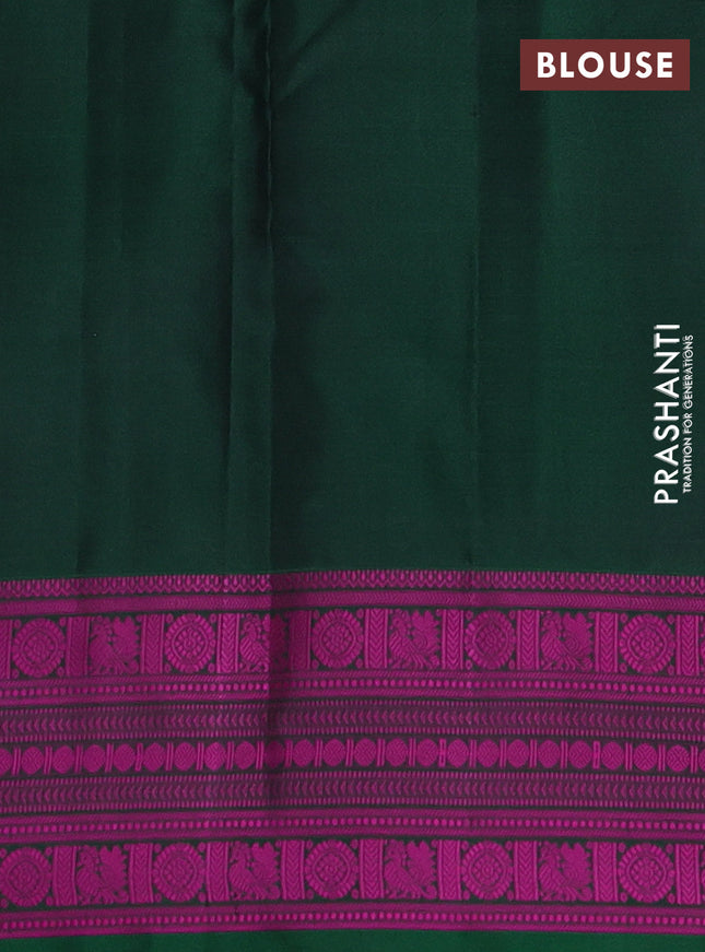 Pure kanchipuram silk saree bottle green and pink with plain body and thread woven border