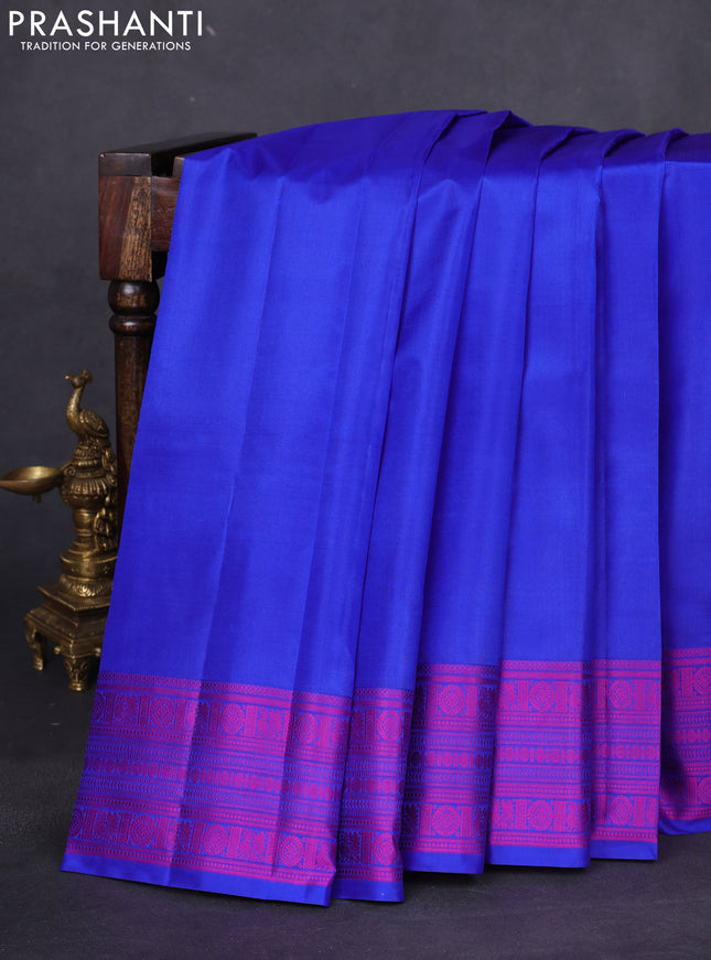 Pure kanchipuram silk saree royal blue and pink with plain body and thread woven border