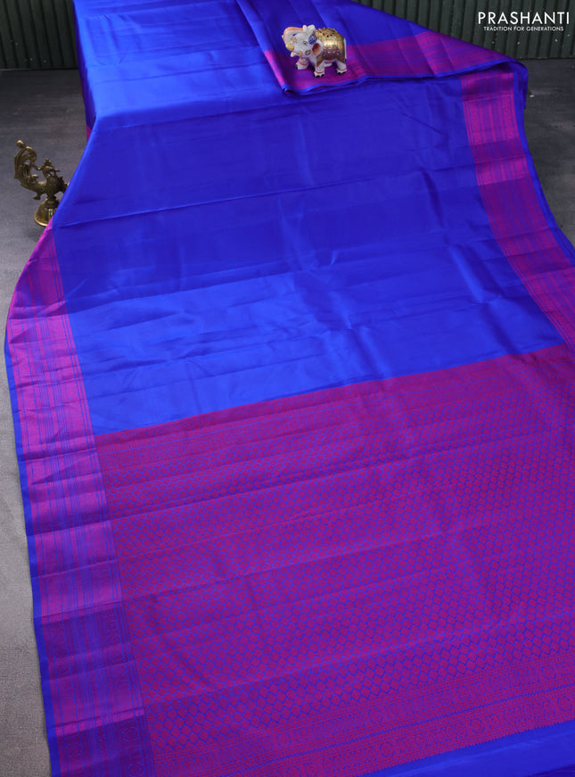 Pure kanchipuram silk saree royal blue and pink with plain body and thread woven border