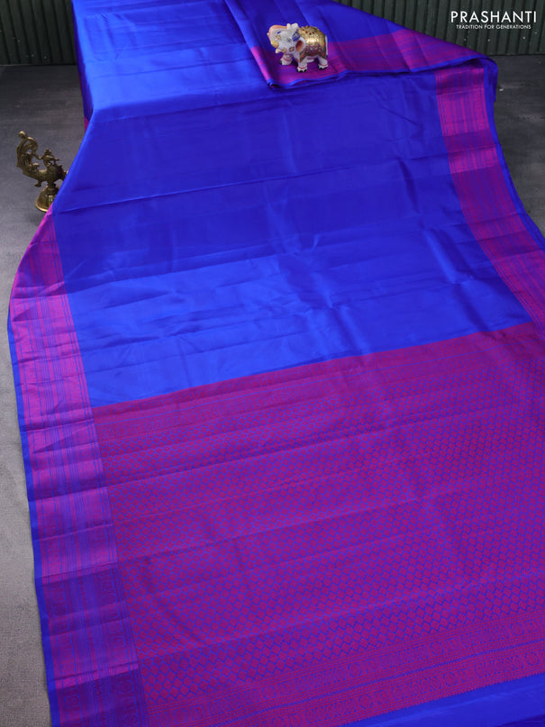 Pure kanchipuram silk saree royal blue and pink with plain body and thread woven border
