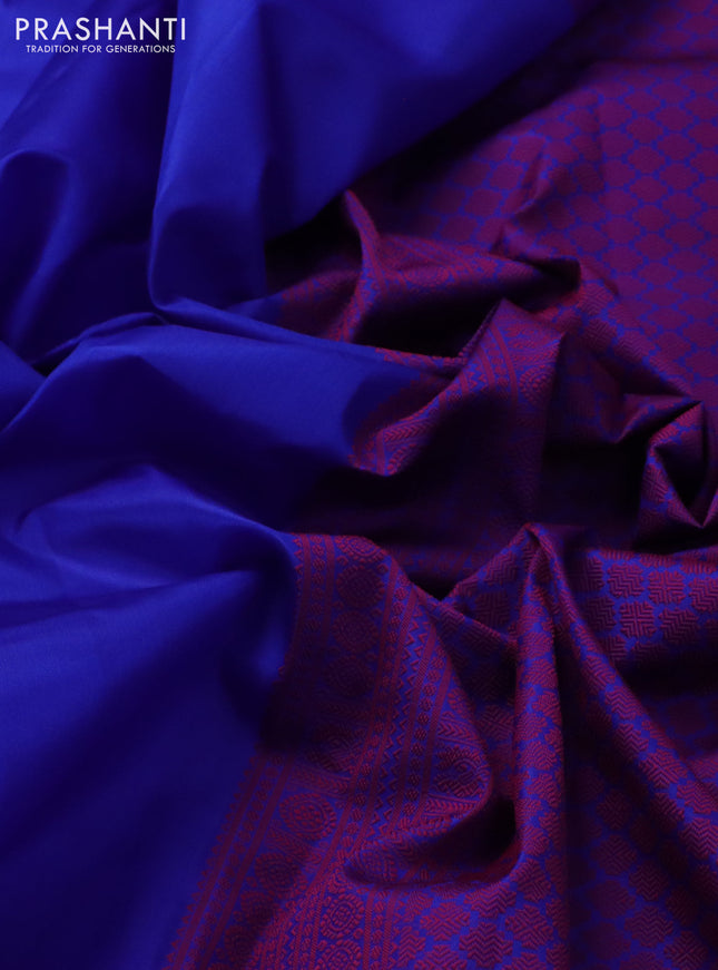 Pure kanchipuram silk saree royal blue and pink with plain body and thread woven border