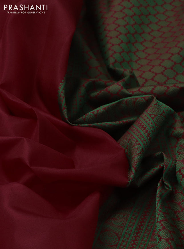 Pure kanchipuram silk saree maroon and green with plain body and thread woven border