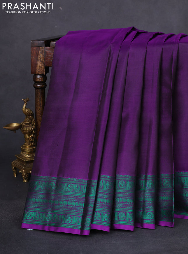 Pure kanchipuram silk saree purple and green with plain body and thread woven border