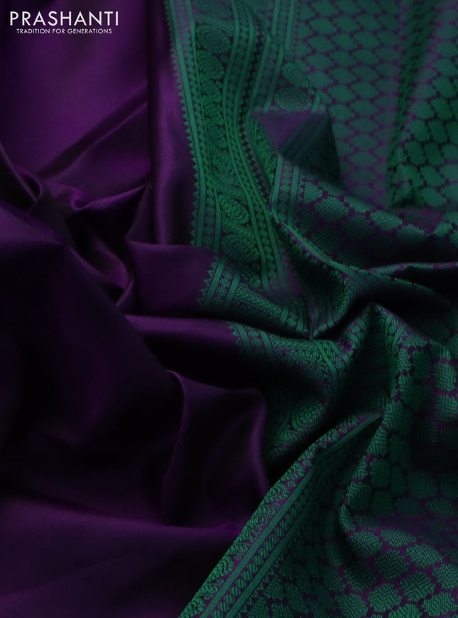 Pure kanchipuram silk saree purple and green with plain body and thread woven border
