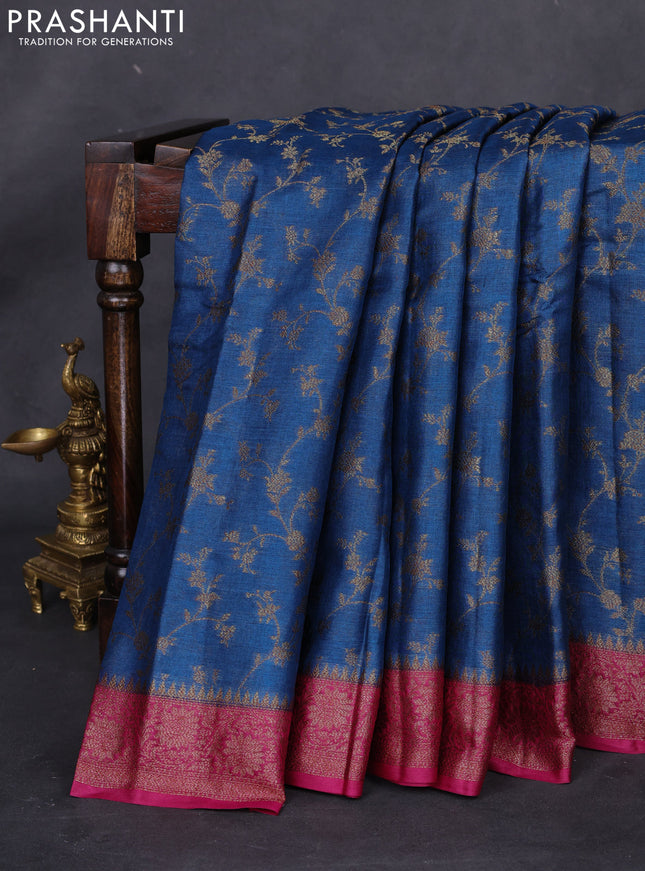 Banarasi tussar silk saree peacock blue and magenta pink with allover thread & zari weaves and woven border