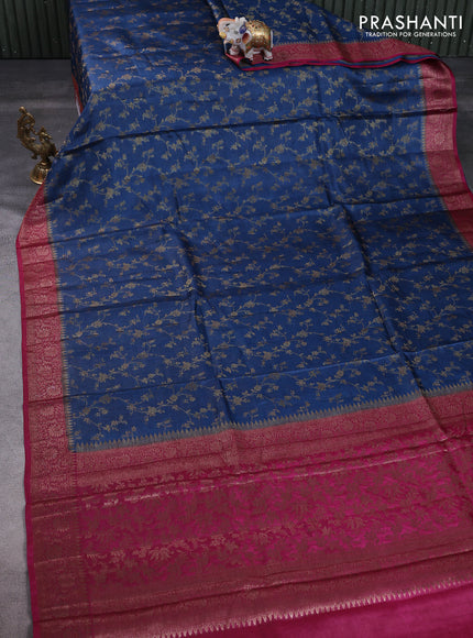 Banarasi tussar silk saree peacock blue and magenta pink with allover thread & zari weaves and woven border