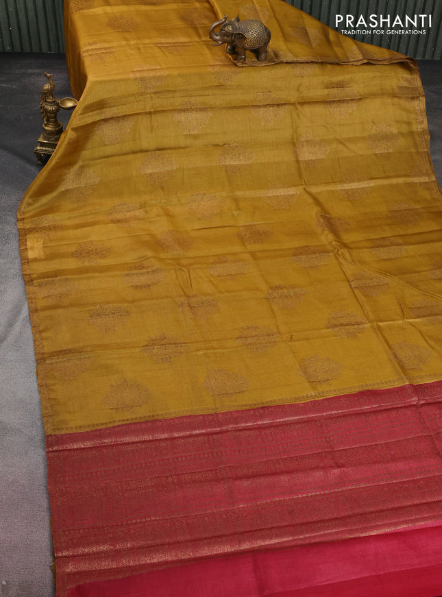 Banarasi tussar silk saree mustard yellow and maroon with thread & zari woven buttas and woven border
