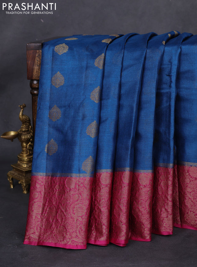 Banarasi tussar silk saree peacock blue and magenta pink with thread & zari woven buttas and woven border