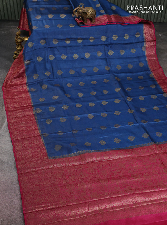 Banarasi tussar silk saree peacock blue and magenta pink with thread & zari woven buttas and woven border