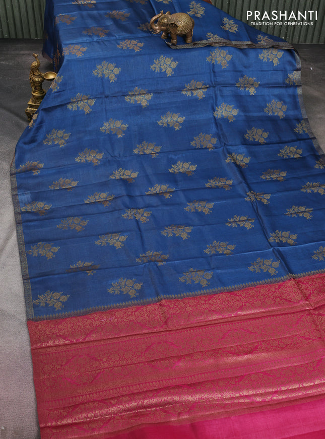 Banarasi tussar silk saree peacock blue and magenta pink with thread & zari woven floral buttas and woven border