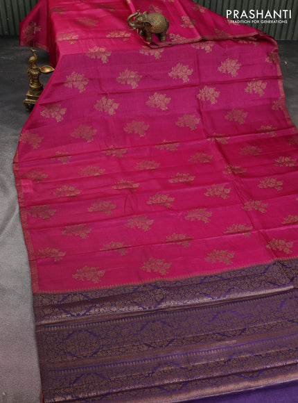 Banarasi tussar silk saree magenta pink and purple with thread & zari woven floral buttas and woven border