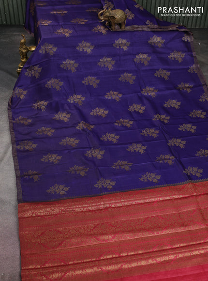 Banarasi tussar silk saree blue and red with thread & zari woven floral buttas and woven border