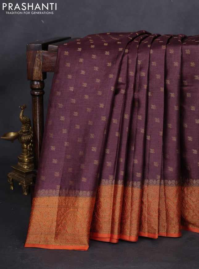 Banarasi tussar silk saree coffee brown and orange with thread & zari woven floral buttas and woven border