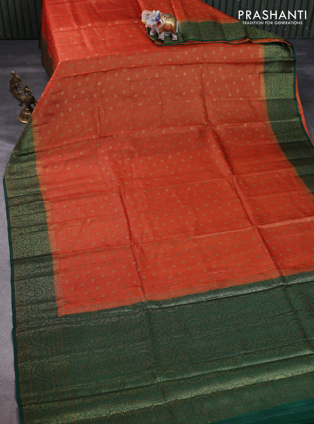 Banarasi tussar silk saree orange and green with thread & zari woven floral buttas and woven border