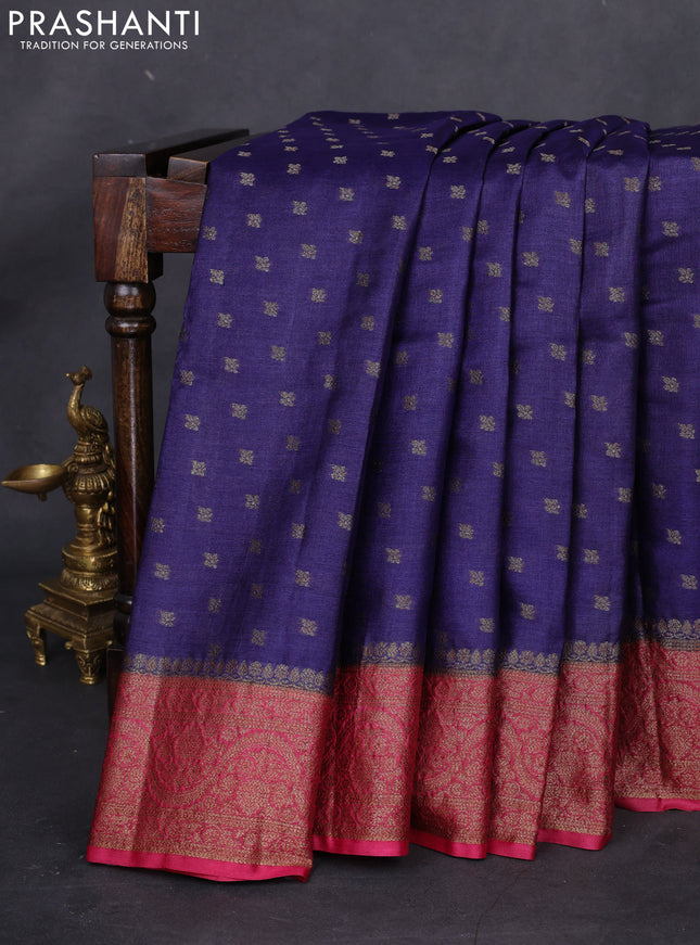 Banarasi tussar silk saree blue and red with thread & zari woven floral buttas and woven border