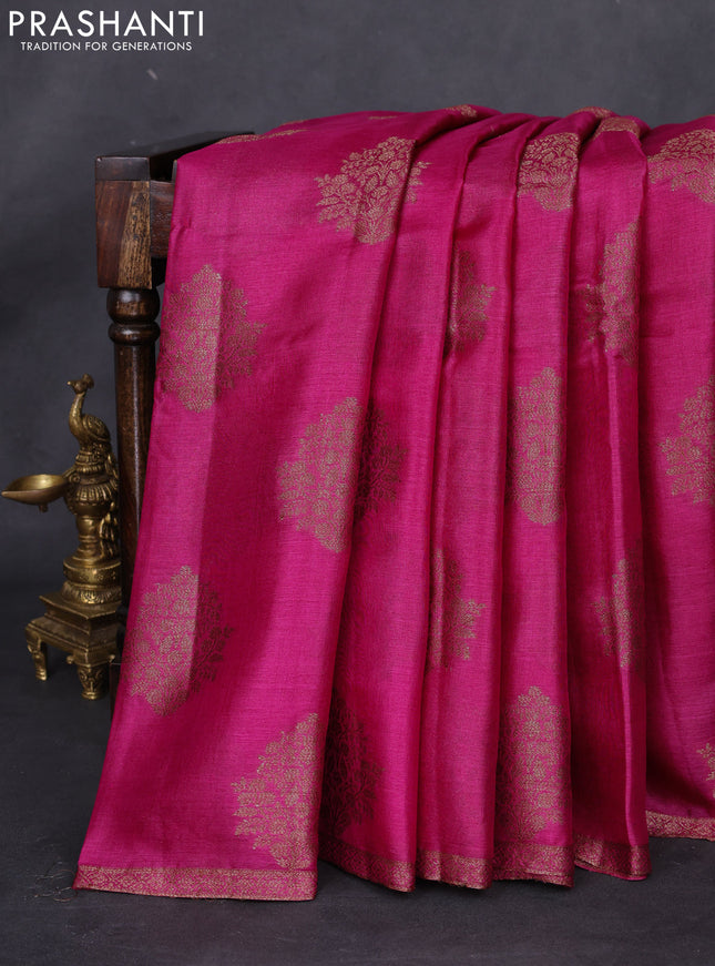 Banarasi tussar silk saree magenta pink and violet with thread & zari woven floral buttas and woven border
