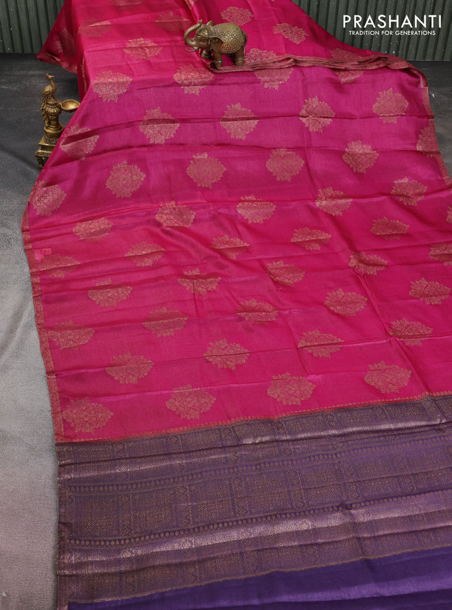 Banarasi tussar silk saree magenta pink and violet with thread & zari woven floral buttas and woven border