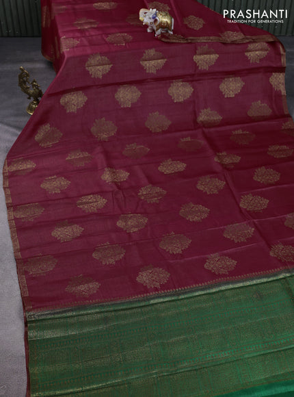 Banarasi tussar silk saree red and green with thread & zari woven floral buttas and woven border