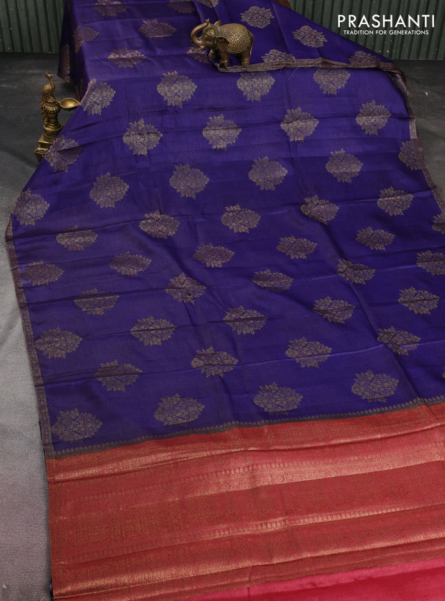 Banarasi tussar silk saree blue and red with thread & zari woven floral buttas and woven border