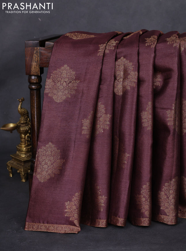 Banarasi tussar silk saree coffee brown and orange with thread & zari woven floral buttas and woven border